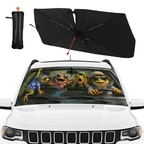 Frog Driving Car Windshield Sun Shade Umbrella Bendable Handle Foldable Funny Frog Driving Sunshade for Car Windshield Block UV Rays Keep Vehicle Cool for Most Sedans SUV Trucks Cars 57"x30" (147*75cm,33*11cm / Funny Frog Driving)