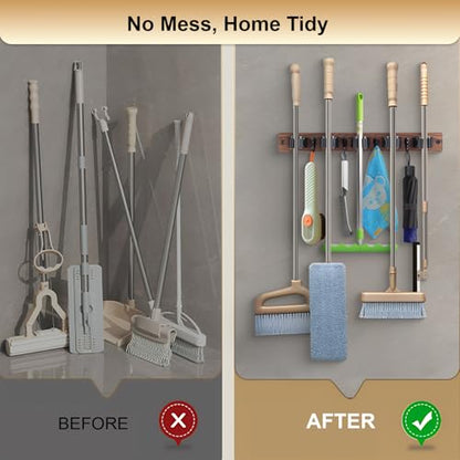 Broom Holder Wall Mount With 5 Slots & 4 Hooks (Black)