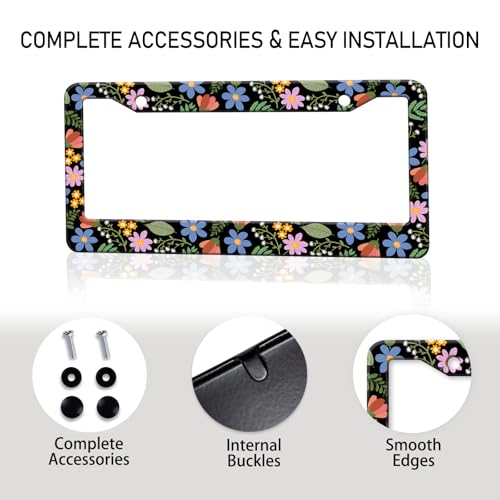 Colorful Wildflower License Plate Frames Cute Flowers Women License Plate Holder Covers Floral Girly Car Tag Frame Metal Aluminum Rustproof Decorative Car Accessories with Screws (Blue purple flowers)