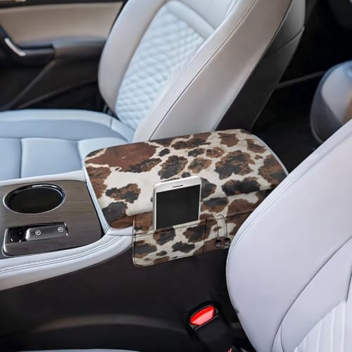 Brown Black Cow Print Car Center Console Pad Soft Armrest Cover Protector with Pockets Storage Bag Scratch Resistant Arm Rest Covering Middle Console Pad Auto Decoration (Brown Black Cow Print)