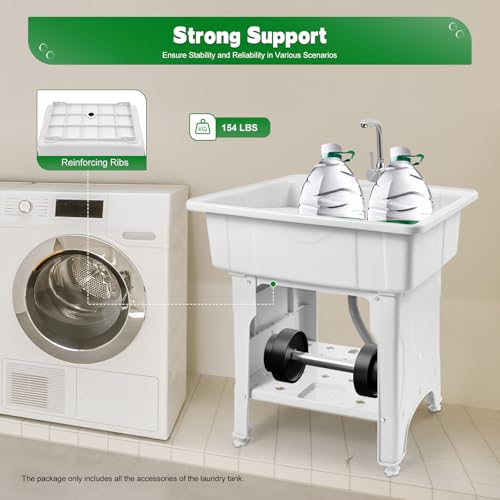 Freestanding Utility Sink Plastic Laundry Tub Sink with Storage Shelf Indoor Outdoor Slop Sink Wash Station for Bathroom Laundry Washing Room (E / White-31.5*22.05*31.5in)