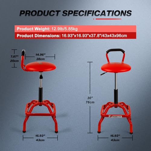 Garage Stool Adjustable Height Swivel Work Mechanic Shop Stool with Backrest (Red)