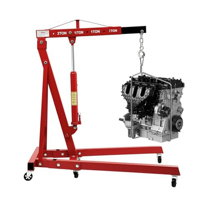 Folding Engine Hoist 1 Ton Engine Crane Lift with 6 Caster Wheels 2200LBS Steel Hydraulic Engine Crane 4 Adjustable Positions for Car Fixing Workshops Garages Warehouse (Red 2T)