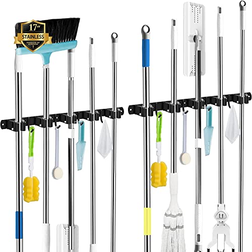 2 Pack Black Broom Holder Wall Mount (5 Racks & 4 Hooks (Black) - 2 Pack)