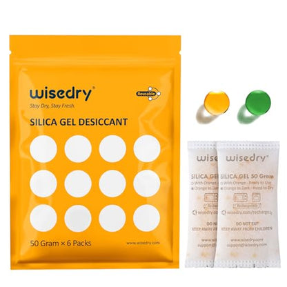 Rechargeable Silica Gel Sachets 50g [6 Packs] Food Grade Silica Gel Packets Orange to Green Indicating Desiccant Sachets Fast Reactivate Desiccant Bags for Food Medication Books (50 Grams)
