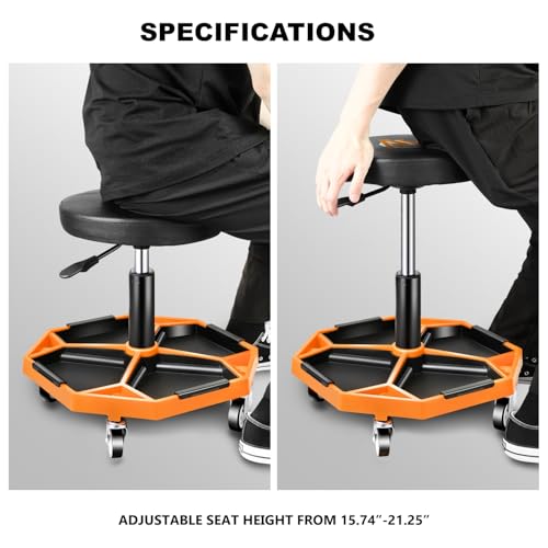 Adjustable Height Pneumatic Garage Seat Rolling Mechanic Stool with Tool Tray Storage (Orange)