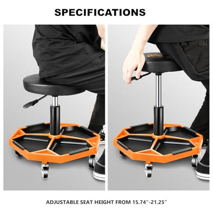 Adjustable Height Pneumatic Garage Seat Rolling Mechanic Stool with Tool Tray Storage (Orange)