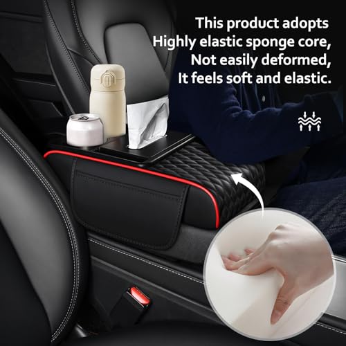 5-in-1 Car Center Console Armrest Cover Pad, Multifunctional Car Arm Rest Organizer with Cup Holder, Tissue Slot & Side Storage Pockets, Soft Leather Auto Armrest Cushion, Black Red Strip (Black Red Strip)
