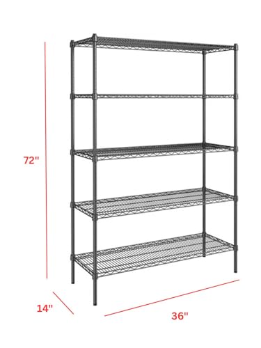 Black 5 Tier Metal Adjustable Freestanding Garage Storage Wire Shelving Unit (Black-5Tiers-36x14x72")