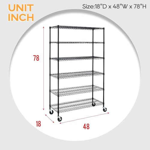 6 Tier Wire Shelf with Wheels (Black / 18"D x 48"W x 77"H)
