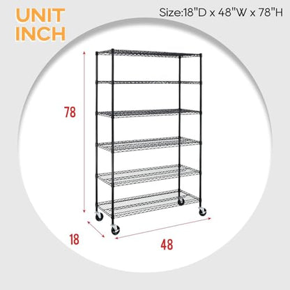 6 Tier Wire Shelf with Wheels (Black / 18"D x 48"W x 77"H)