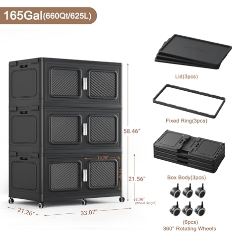 660 Qt Extra Large Stackable Storage Bin with Lids (Black / 220QT-3pack)