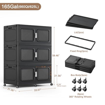 660 Qt Extra Large Stackable Storage Bin with Lids (Black / 220QT-3pack)