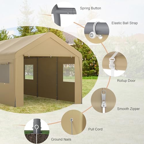 10x20 Carport with Roll (Beige / With Sidewalls)