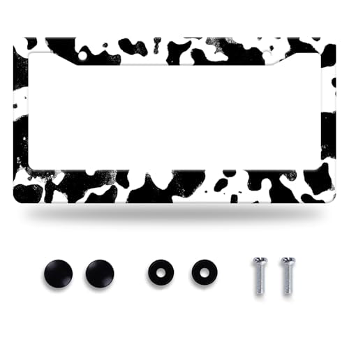 Black White Cows Texture License Plate Frame Animal Cowhide Print License Plate Stainless Steel Funny License Plate Holder Accessories Car Decoration with Screws Fits Standard Vehicles Size12.3 x6.3 (Black White Cowhide Print)
