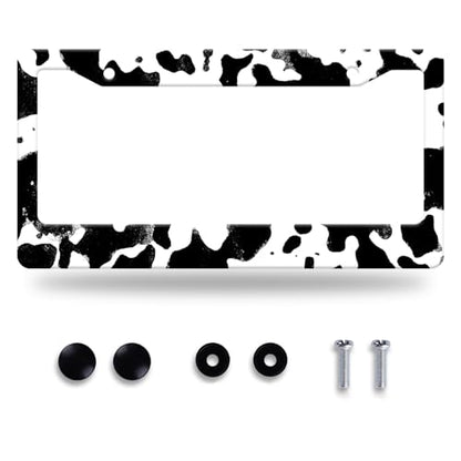 Black White Cows Texture License Plate Frame Animal Cowhide Print License Plate Stainless Steel Funny License Plate Holder Accessories Car Decoration with Screws Fits Standard Vehicles Size12.3 x6.3 (Black White Cowhide Print)