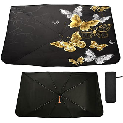 Gold White Butterflies Black Windshield Sun Shade Umbrella Foldable Car Front Window Sunshade Blocks UV Rays Heat Keep Vehicle Cool (multi 12)