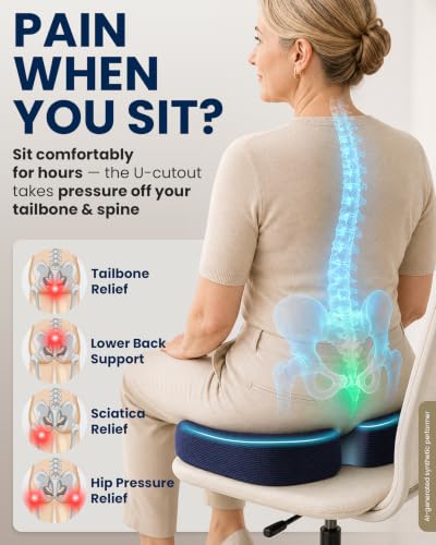 Seat Cushion Memory Foam Chair Cushion for Tailbone Pain Relief (Blue / Large)