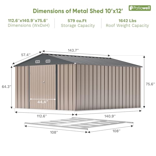 10 x 12 FT Metal Storage Shed for Outdoor with Floor Frame (Brown / 10x12 FT)