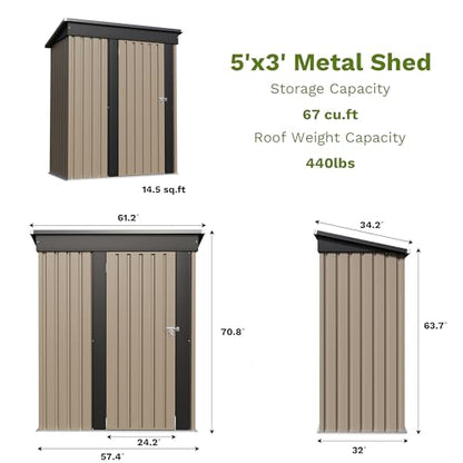 5x3 FT Outdoor Storage Shed (Brown / 5x3 FT)