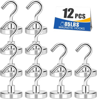 12 Pack Magnetic Hooks Heavy Duty 85lbs Strong Magnets (Silver / 12pack-85LB)