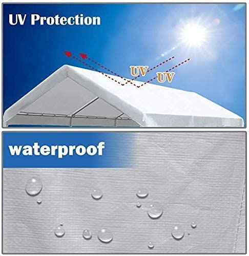 Rutile 12'x20' Carport Replacement Top Canopy Cover for Car Garage Shelter Tent Party Tent with Ball Bungees White (White)