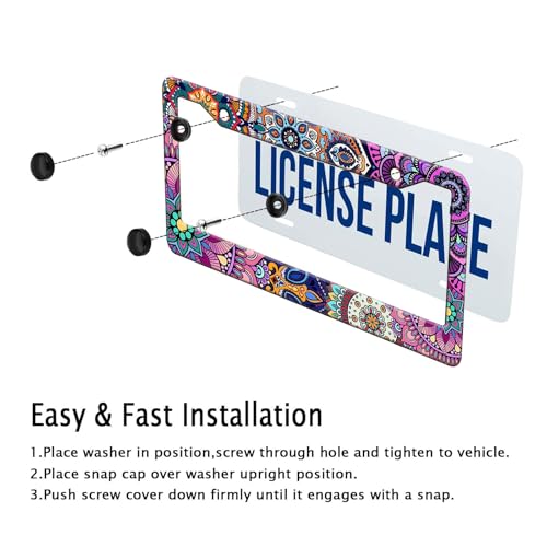 Mandala License Plate Frame Cute Floral Purple License Plate Holder Boho Flower Car Tag Holder Frame Metal Aluminum Rustproof Car Accessories for Women with 2 Holes and Screws 12.2 x 6.3 Inches (Mandala Pattern)