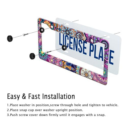 Mandala License Plate Frame Cute Floral Purple License Plate Holder Boho Flower Car Tag Holder Frame Metal Aluminum Rustproof Car Accessories for Women with 2 Holes and Screws 12.2 x 6.3 Inches (Mandala Pattern)