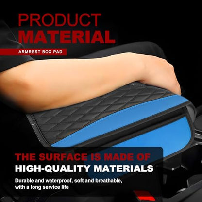 Leather Car Center Console Cover with Side Storage Pockets (Blue)