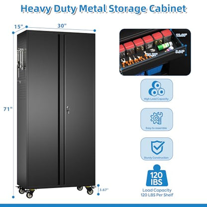 71"H Garage Storage Cabinet with Wheels (Black / 15"D x 30"W x 71"H)