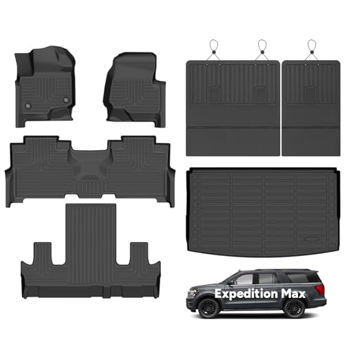All Weather Floor Mats and Cargo Mat Set for Ford Expedition Max 7 Seats 2021 (BLACK)