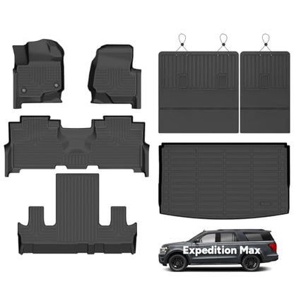 All Weather Floor Mats and Cargo Mat Set for Ford Expedition Max 7 Seats 2021 (BLACK)