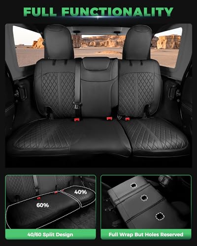 for Jeep Wrangler Leather Custom Car Seat Covers Full Set 4 Door (Black / JL 18-26 4Door Without Rear Cup Holder)