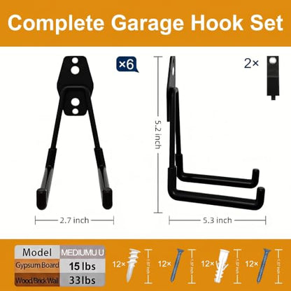 Garage Hooks 6 Pack Medium Square Wall Hooks for Hanging Heavy Duty Ladders (Black / Medium Square-6pcs)