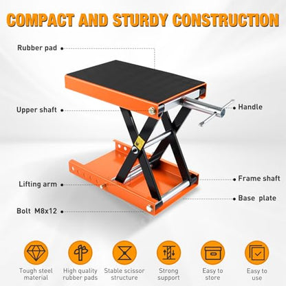 Motorcycle Lift Jack 1100 LBS Scissor Jacks Stand Lift with Wide Deck Safety Pin Handle 3.4" (Orange w Safety Pin)