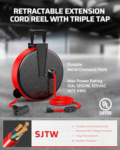 Retractable Extension Cord Reel (Black/Red-red Cord)