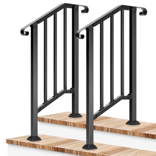 2 Step Railing 26"x36" 2 Pack Wrought Iron with Curved & Balusters (Black / 2 Steps)