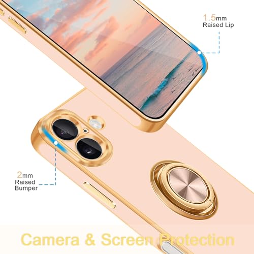 for iPhone 16 Case 360° Rotatable Ring Holder Magnetic Kickstand (For iPhone 16(6.1 inch,2024) / D-Rose Gold)
