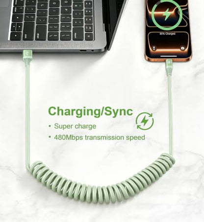 USB A to USB C Cable 3FT 2Pack Coiled USB C Fast Charging Cable for CarPlay (3FT / Green)
