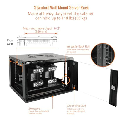 6U Wall Mount Server Cabinet IT Network Rack Enclosure Lockable Door and Side Panels Black (6U/Glass Door / Black)