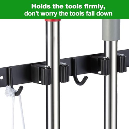 2 Racks and 3 Hooks Mop and Broom Holder Wall Mount (2 Racks 3 Hooks / Black)