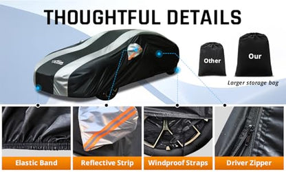 Car Cover Waterproof All Weather Protection with Silver Stripe Design (1-C4 Fit Sedan Length 194-203 inch)