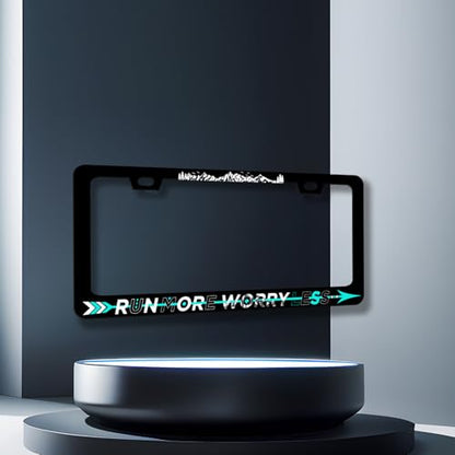 Run More Worry Less License Plate Frame StainlessSteel Funny License Holder (Run More Worry Less-Funny Text)