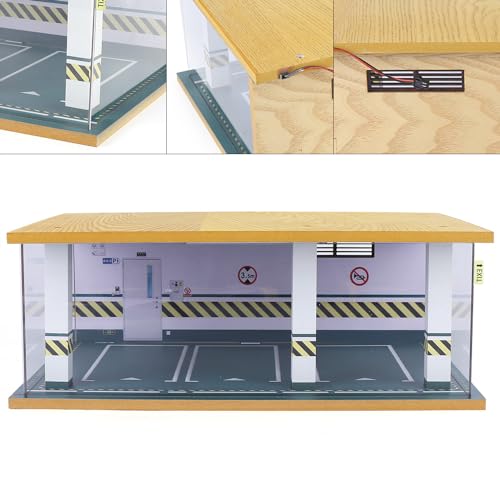 1 24 Parking Garage Model Car Garage Display Case with Clear Acrylic Cover and LED Lighting Toy Car Storage Tabletop Showcase for Boy Kids Home Toy Stores (3 Parking Space)