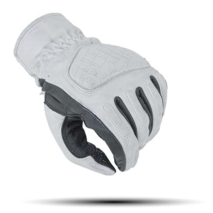 Leather Motorcycle Gloves for Men with Soft Polyester Lining Bike Riding Gloves with Grip Patches on Palm and Accordion Panels on Fingers and Cuff (X-Small / Diamond White/Black)