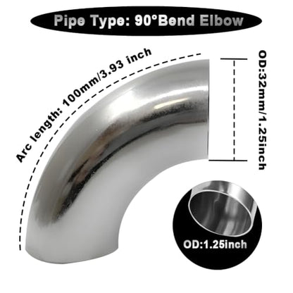 OD 1.25 Inch 90 Degree Stainless Steel Bend Tube Exhaust Elbow Pipe for Car Modified Exhaust System 1.25" Piping Silver Tone (1.25”)