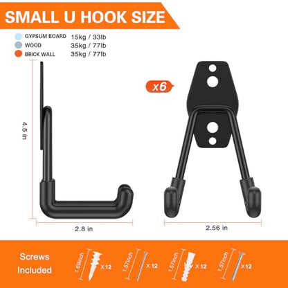 Heavy Duty Garage Hooks 6 Pack (6 Pack 2.8inch U Hook / Black)