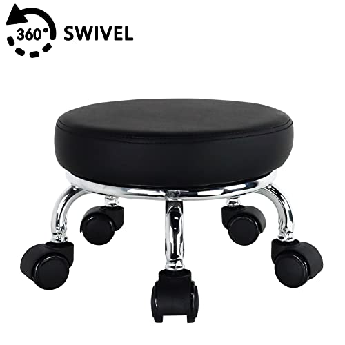 Modern Roller Seat PU Leather Low Round Rolling Stool 360° Swivel Small Seat with Universal Wheels Foot Stool for Home Office Garage Shop Fitness Sport H：8.6" （Black） (Black)