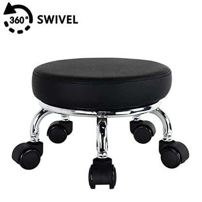 Modern Roller Seat PU Leather Low Round Rolling Stool 360° Swivel Small Seat with Universal Wheels Foot Stool for Home Office Garage Shop Fitness Sport H：8.6" （Black） (Black)