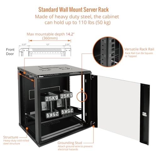 12U Wall Mount Server Cabinet IT Network Rack Enclosure Lockable Door and Side Panels Black (12U/Glass Door/Black)